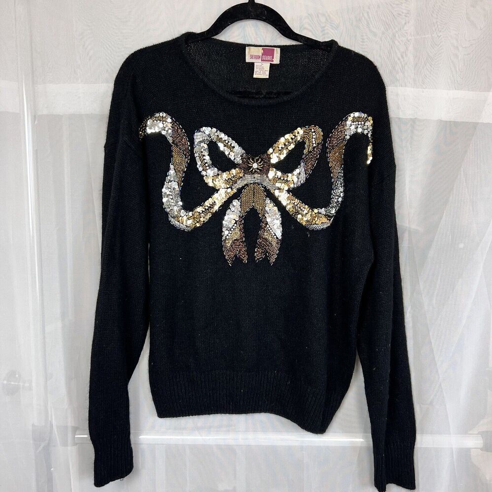 Vintage Sheridan Square silk angora blend sweater bow embellishment LG coquette